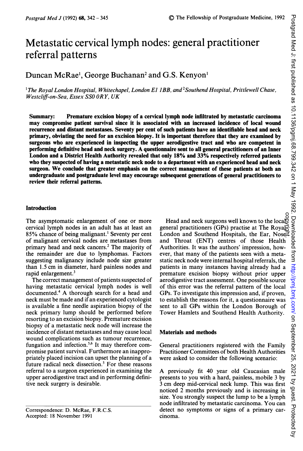 Metastatic Cervical Lymph Nodes: General Practitioner Referral Patterns Duncan Mcrae', George Buchanan2 and G.S