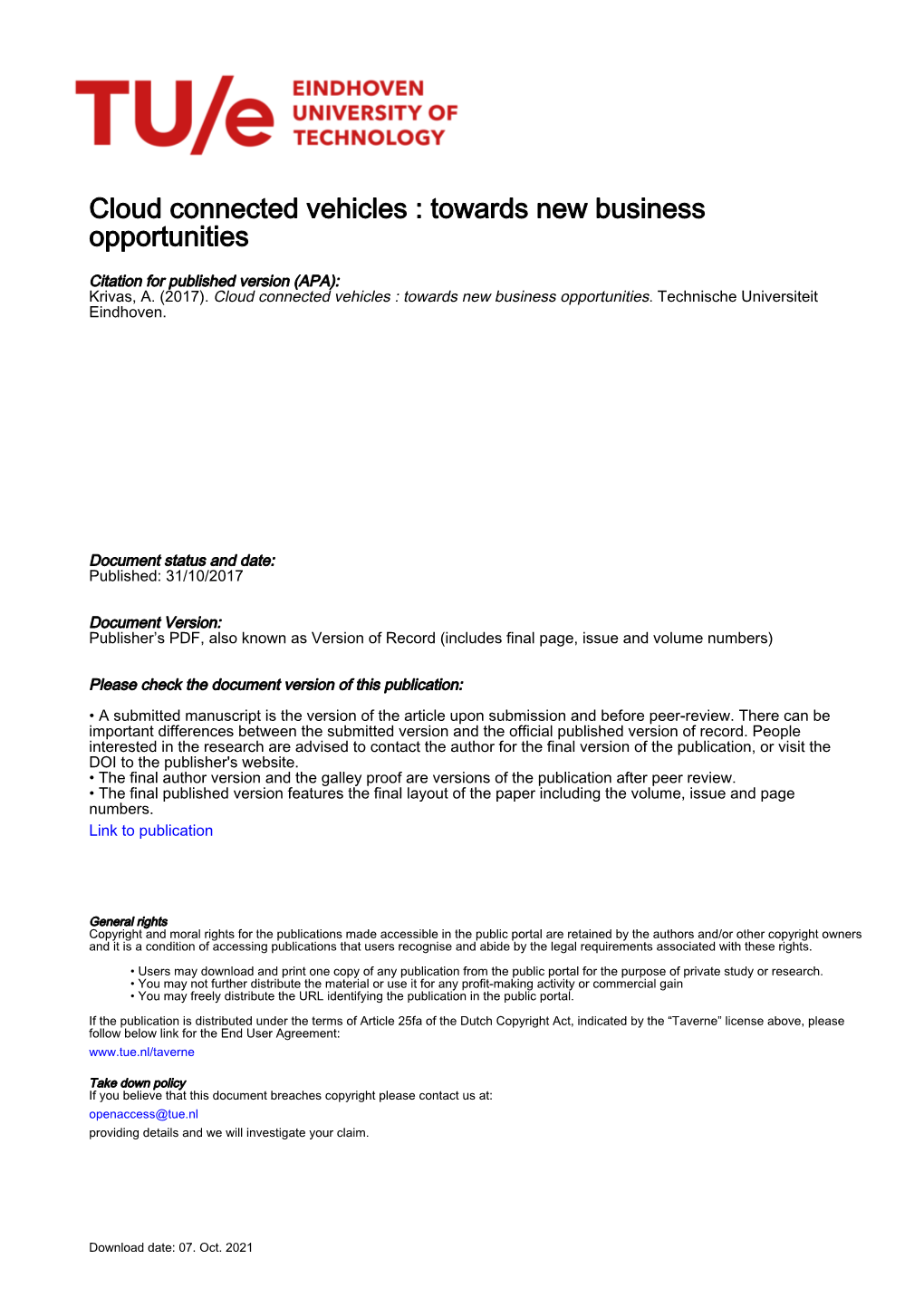 Cloud Connected Vehicles : Towards New Business Opportunities