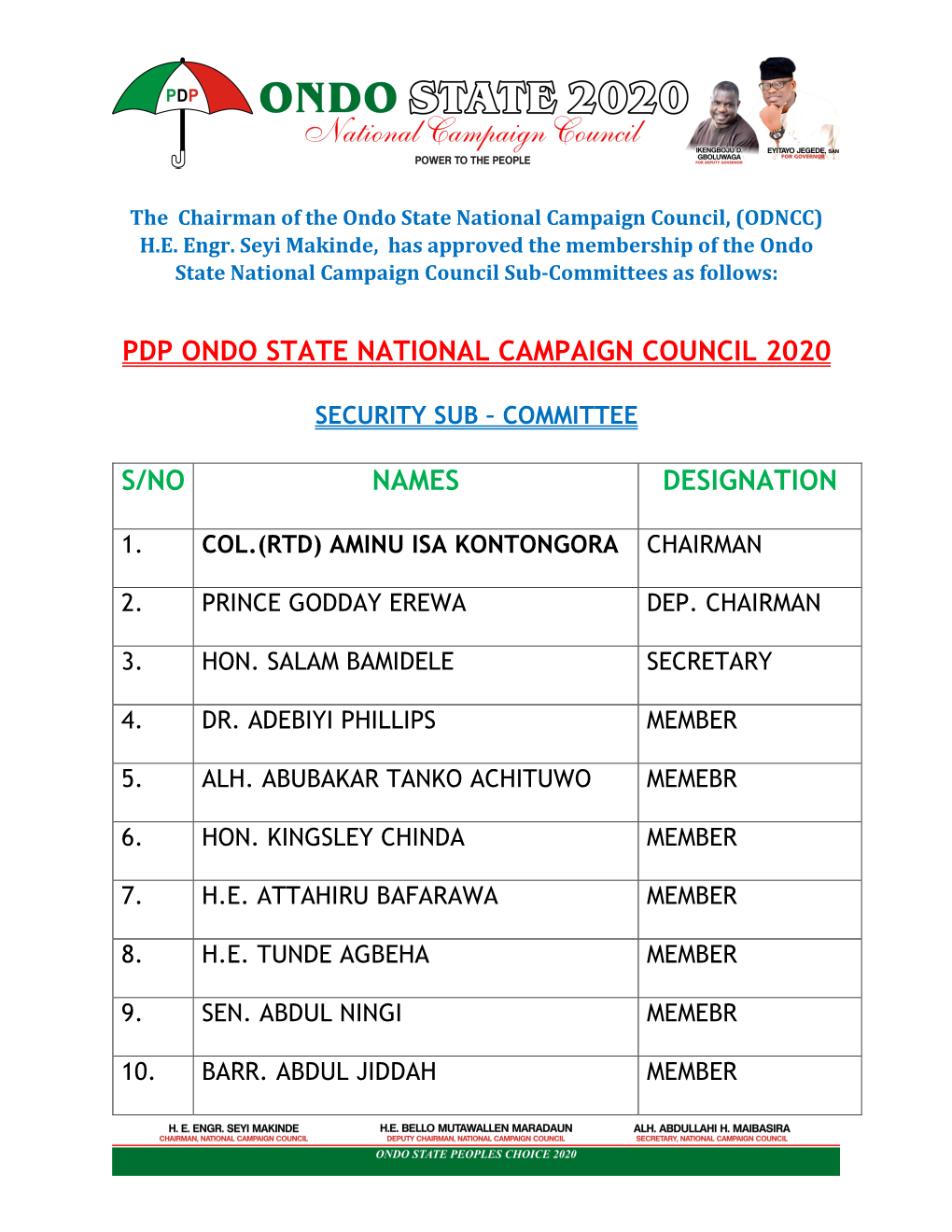 Ondo State Camapaign Council Sub