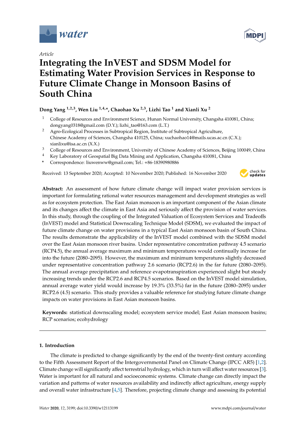 Integrating the Invest and SDSM Model for Estimating Water Provision Services in Response to Future Climate Change in Monsoon Basins of South China