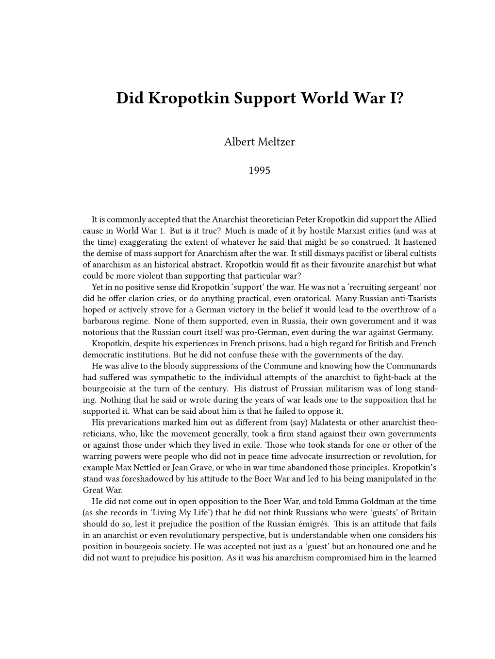 Did Kropotkin Support World War I?