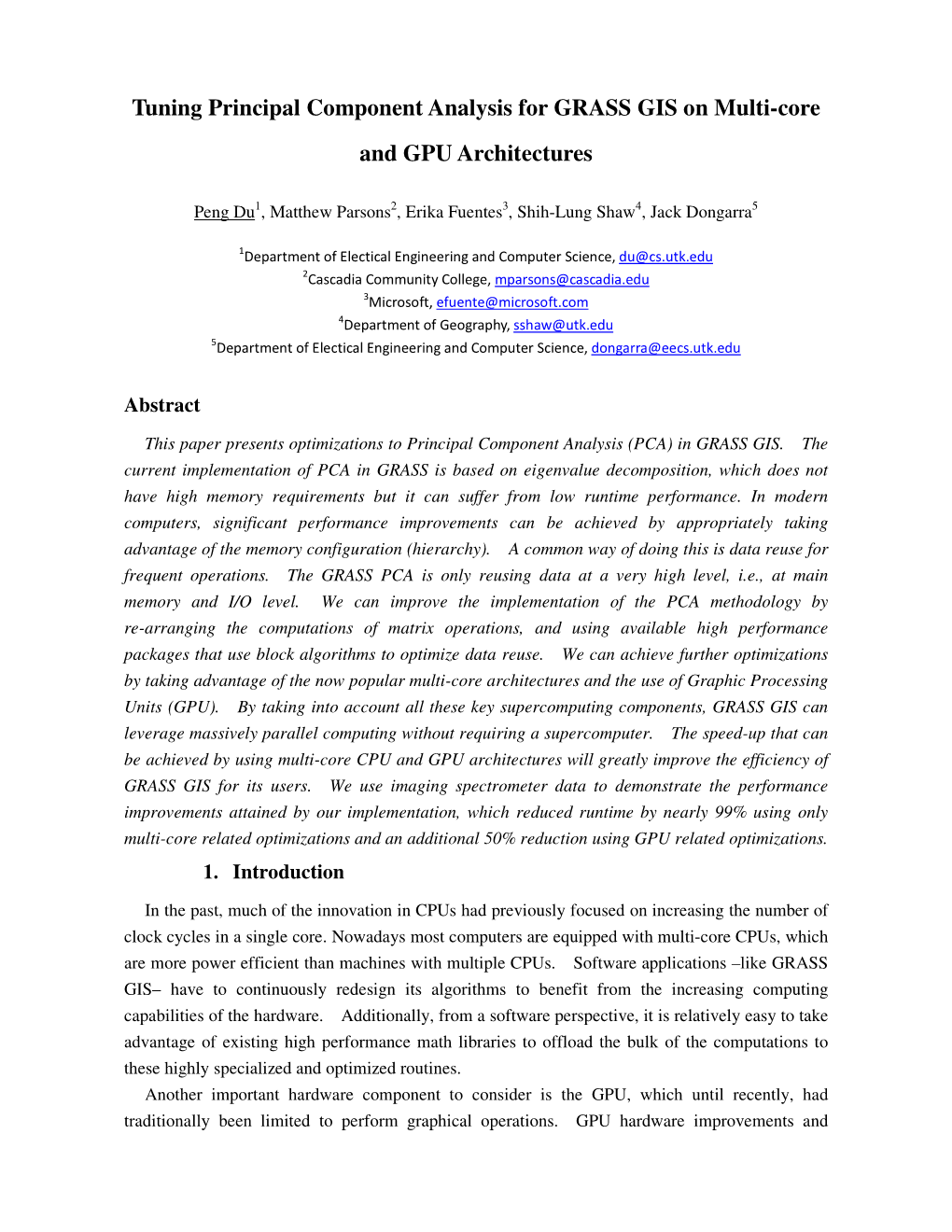 Tuning Principal Component Analysis for GRASS GIS on Multi-Core and GPU Architectures