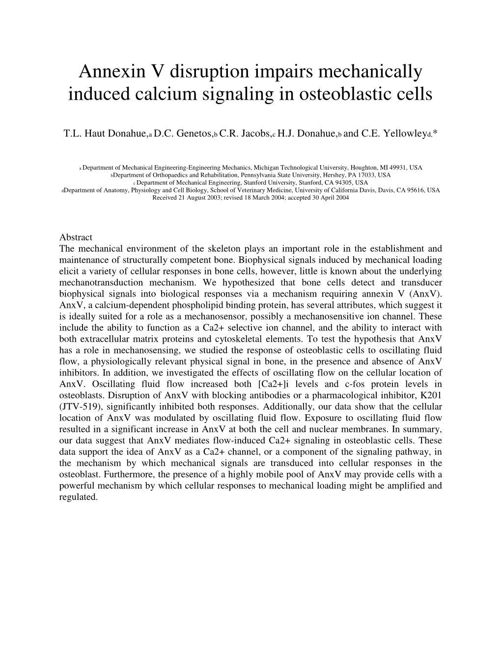 Annexin V Disruption Impairs Mechanically Induced Calcium Signaling in Osteoblastic Cells