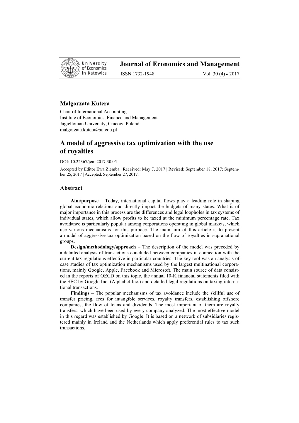 Journal of Economics and Management a Model of Aggressive Tax Optimization with the Use of Royalties