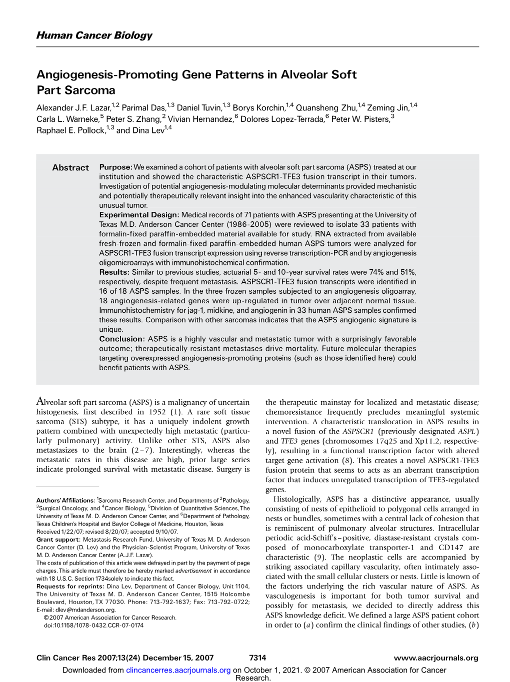 Angiogenesis-Promoting Gene Patterns in Alveolar Soft Part Sarcoma Alexander J.F