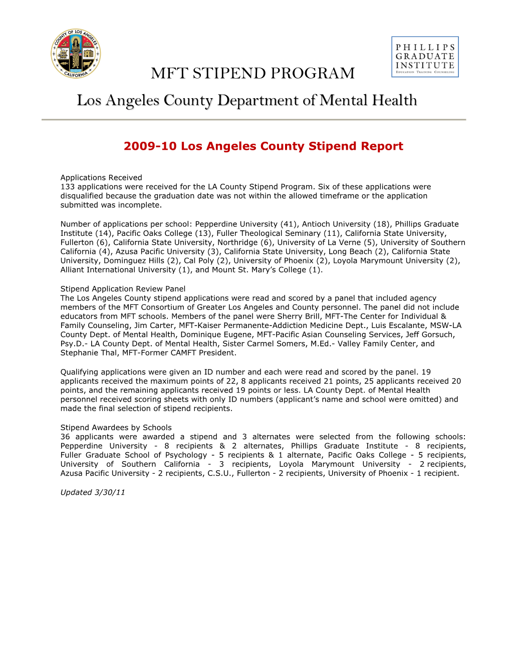 MFT STIPEND PROGRAM Los Angeles County Department Of