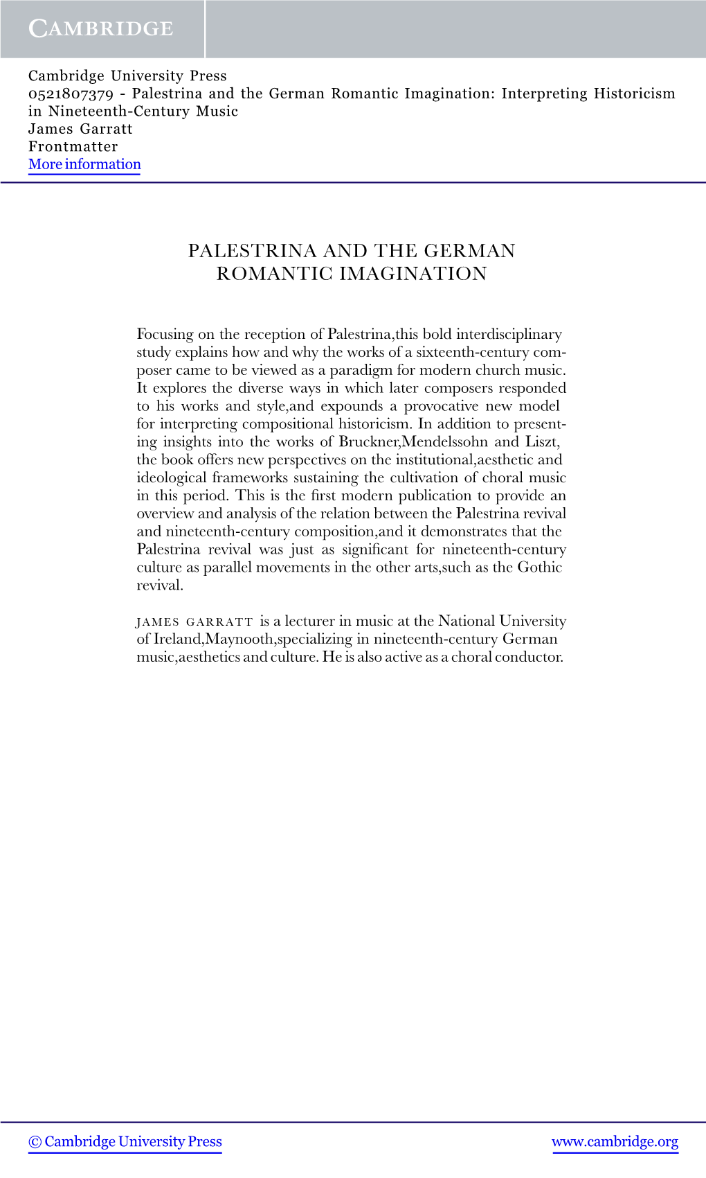 Palestrina and the German Romantic Imagination: Interpreting Historicism in Nineteenth-Century Music James Garratt Frontmatter More Information