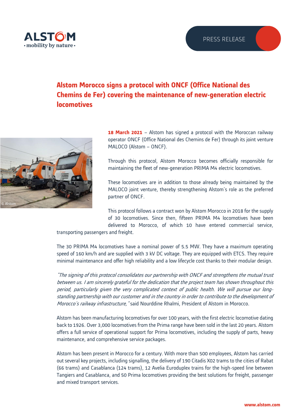 Alstom Morocco Signs a Protocol with ONCF (Office National Des Chemins De Fer) Covering the Maintenance of New-Generation Electric Locomotives