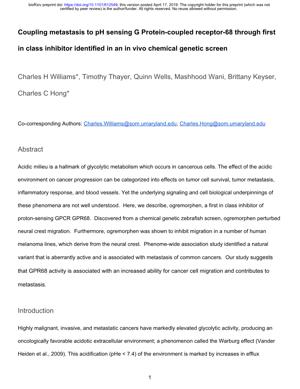 Coupling Metastasis to Ph Sensing G Protein-Coupled Receptor-68 Through First in Class Inhibitor Identified in an in Vivo Chemical Genetic Screen