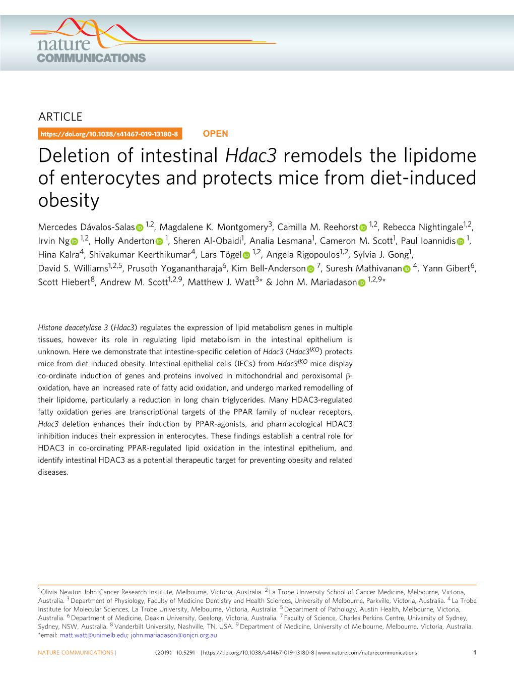 Deletion of Intestinal Hdac3 Remodels the Lipidome of Enterocytes and Protects Mice from Diet-Induced Obesity