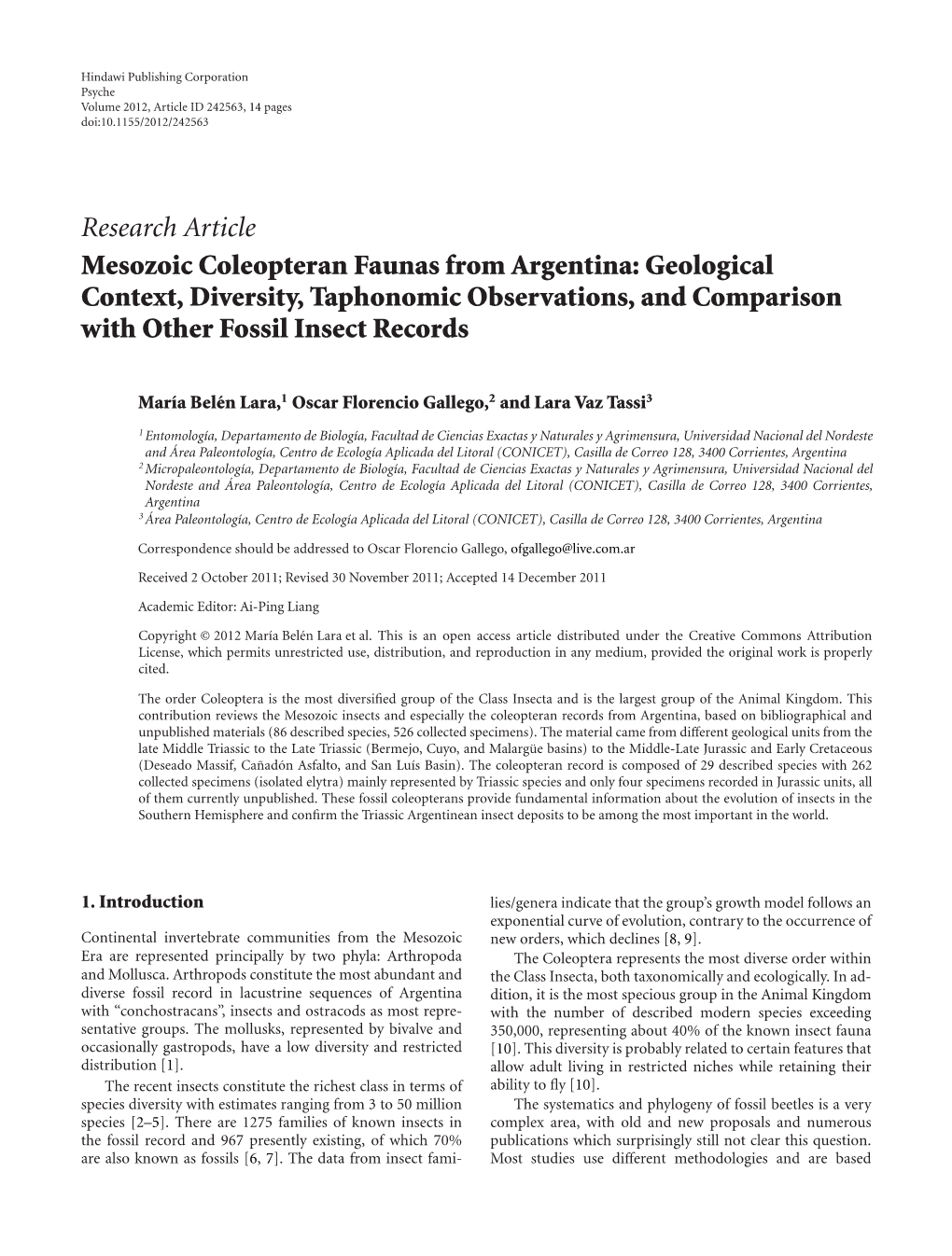 Research Article Mesozoic Coleopteran Faunas from Argentina: Geological Context, Diversity, Taphonomic Observations, and Comparison with Other Fossil Insect Records