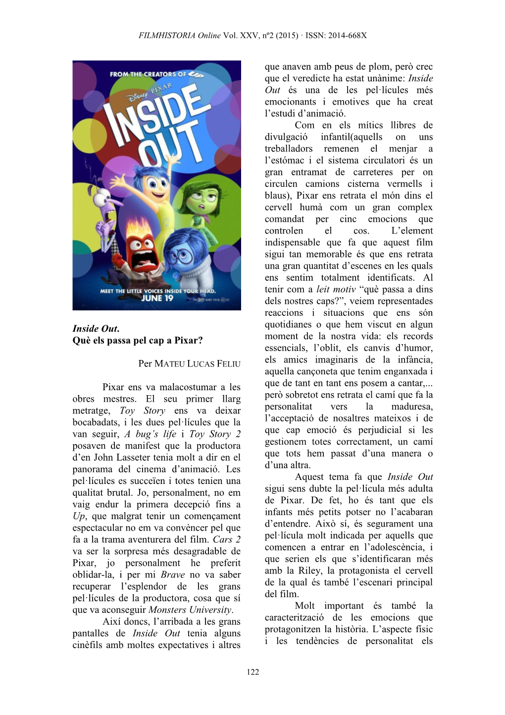 Inside Out. Què Els Passa Pel Cap a Pixar? Per MATEU LUCAS FELIU