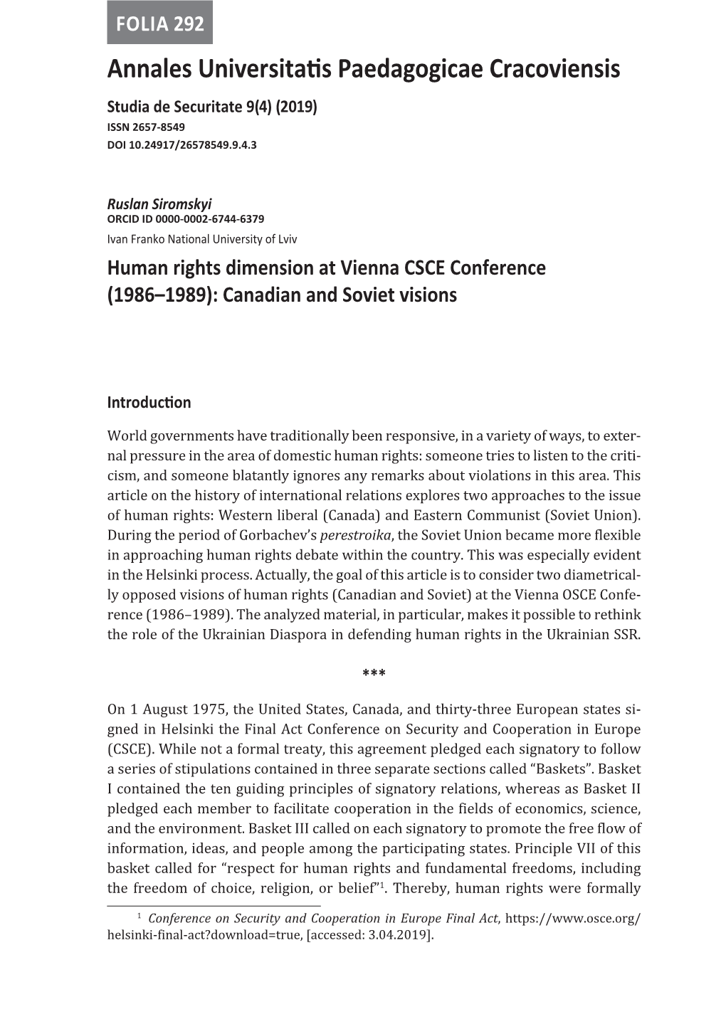 Human Rights Dimension at Vienna CSCE Conference (1986–1989): Canadian and Soviet Visions