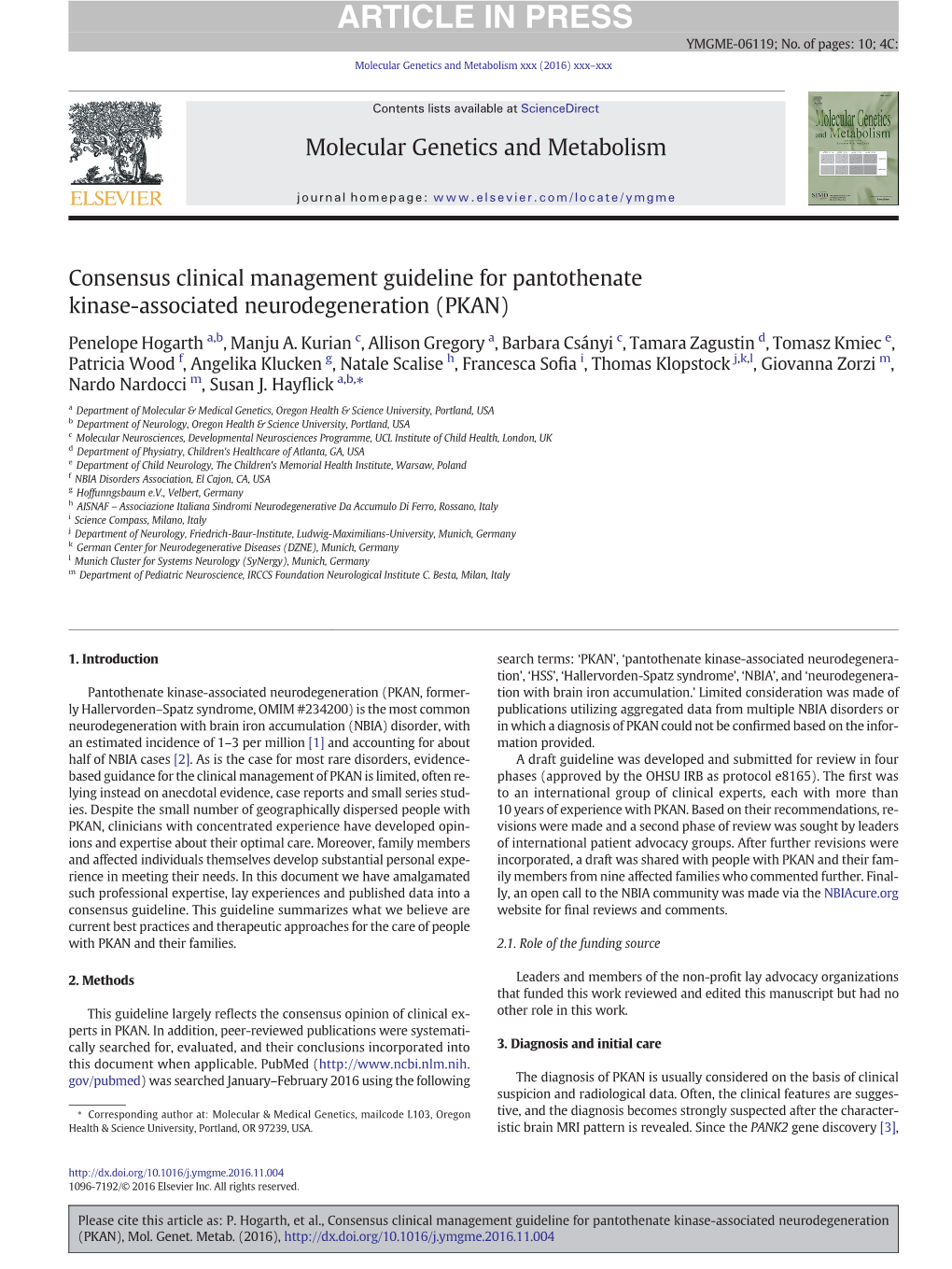 Consensus Clinical Management Guideline for Pantothenate Kinase-Associated Neurodegeneration (PKAN)