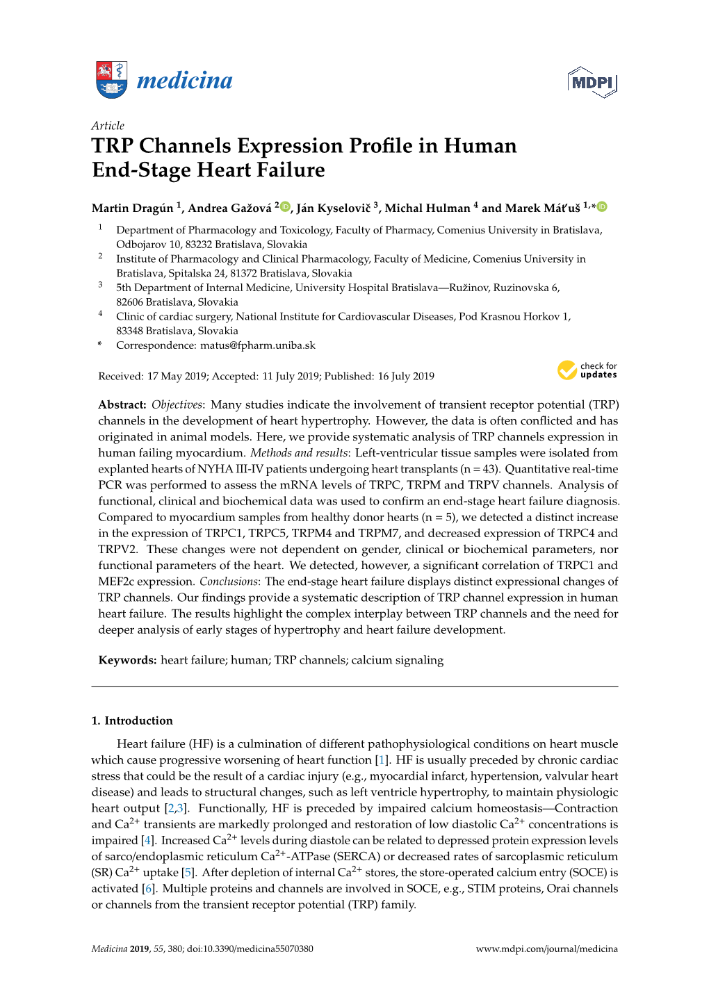 TRP Channels Expression Profile in Human End-Stage Heart Failure