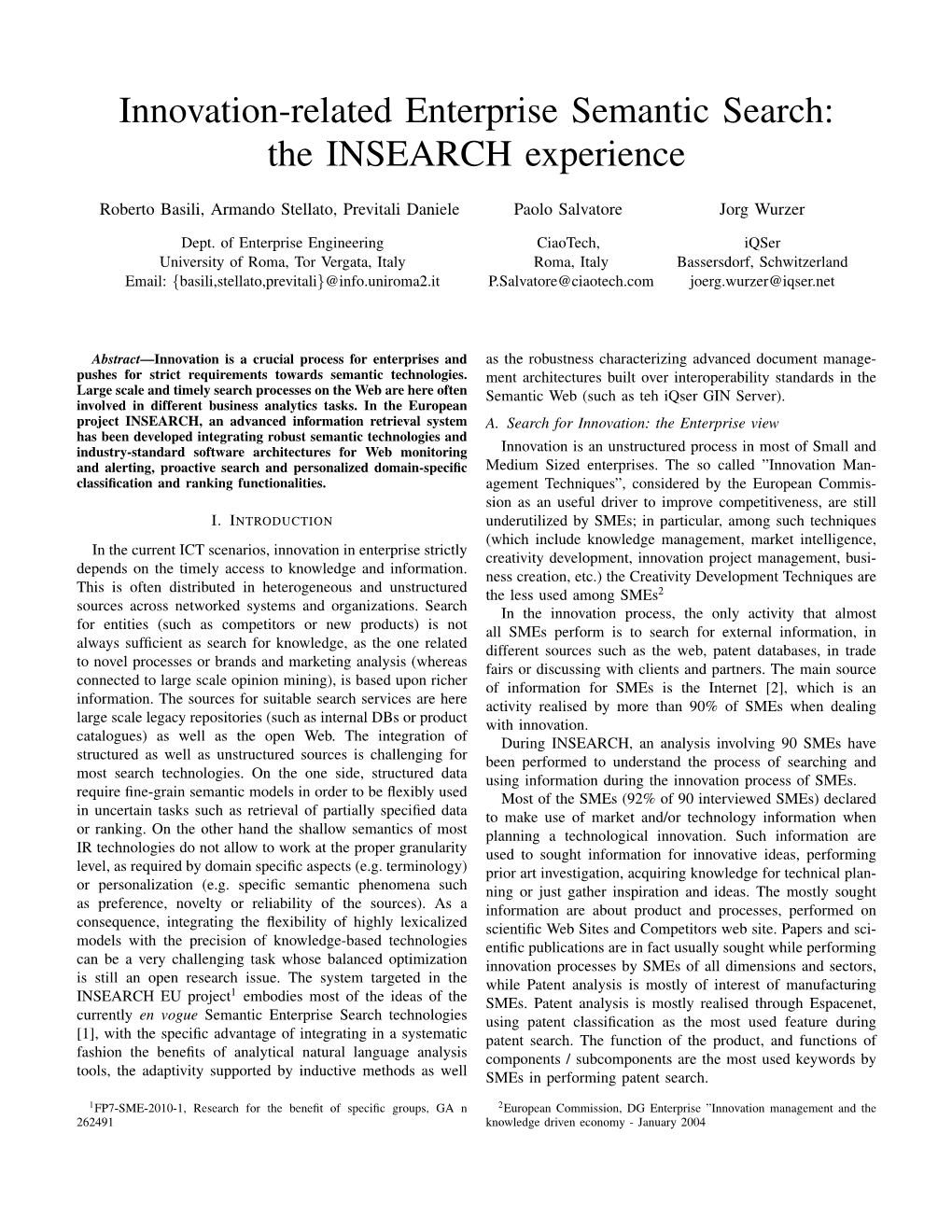 Innovation-Related Enterprise Semantic Search: the INSEARCH Experience