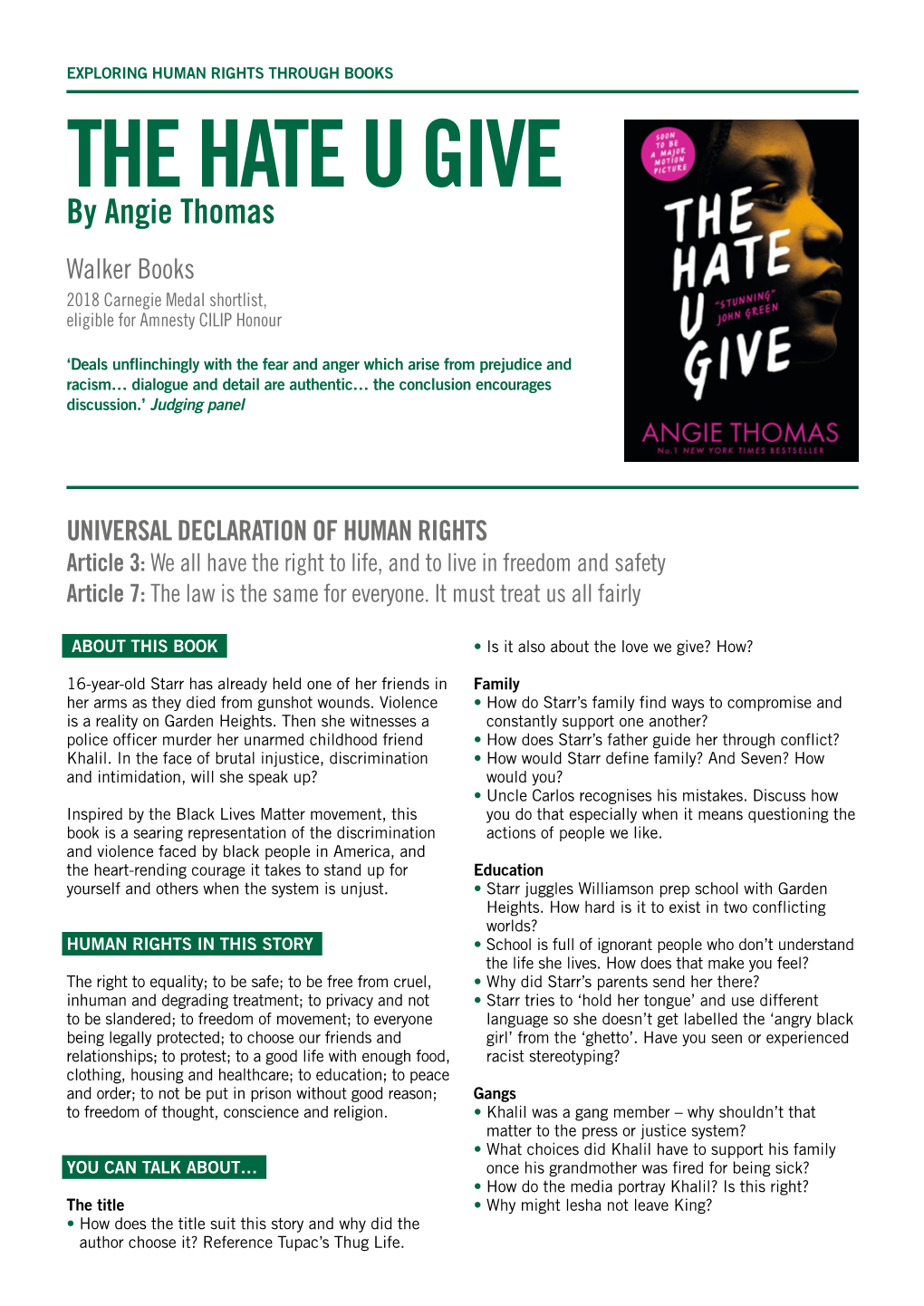 THE HATE U GIVE by Angie Thomas Walker Books 2018 Carnegie Medal Shortlist, Eligible for Amnesty CILIP Honour