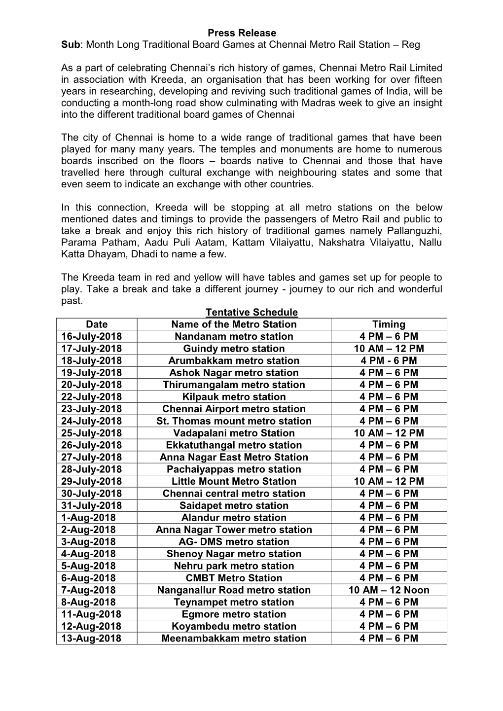 Month Long Traditional Board Games at Chennai Metro Rail Station – Reg