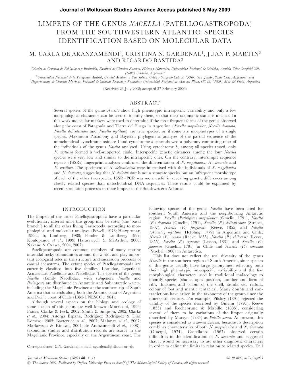 Limpets of the Genus Nacella (Patellogastropoda) from the Southwestern Atlantic: Species Identification Based on Molecular Data