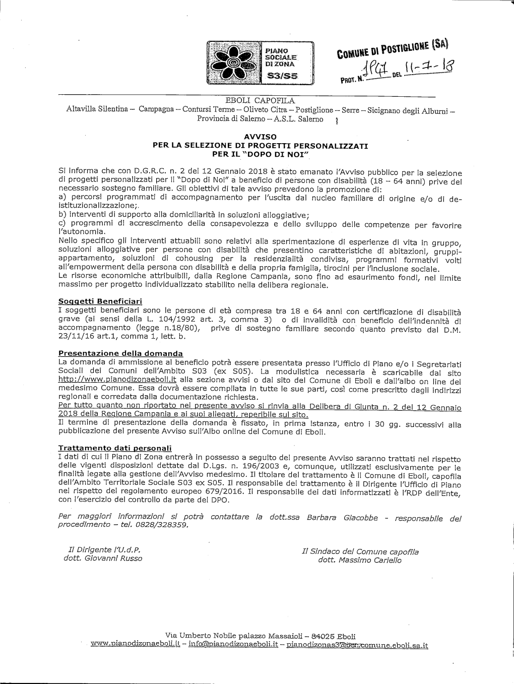 EBOLI CAPOFILA Altavilla Silentina — Campagna - Contorsi Tenne — Olivete Citta — Postiglione — Serre - Sicignano Degli Alburni — Provincia Di Salemo — A.S.L