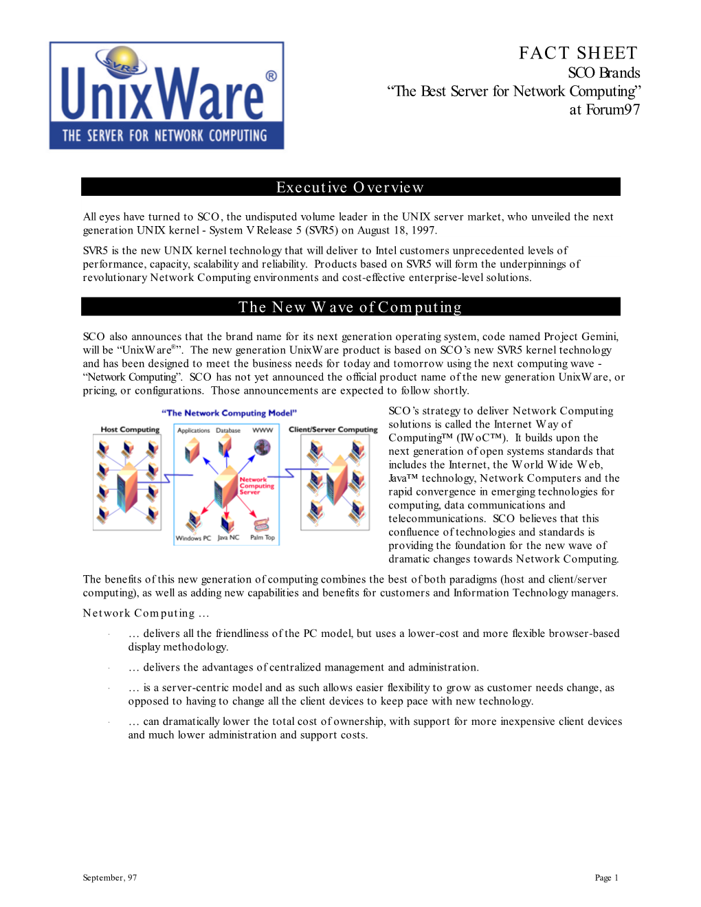 FACT SHEET SCO Brands “The Best Server for Network Computing” at Forum97