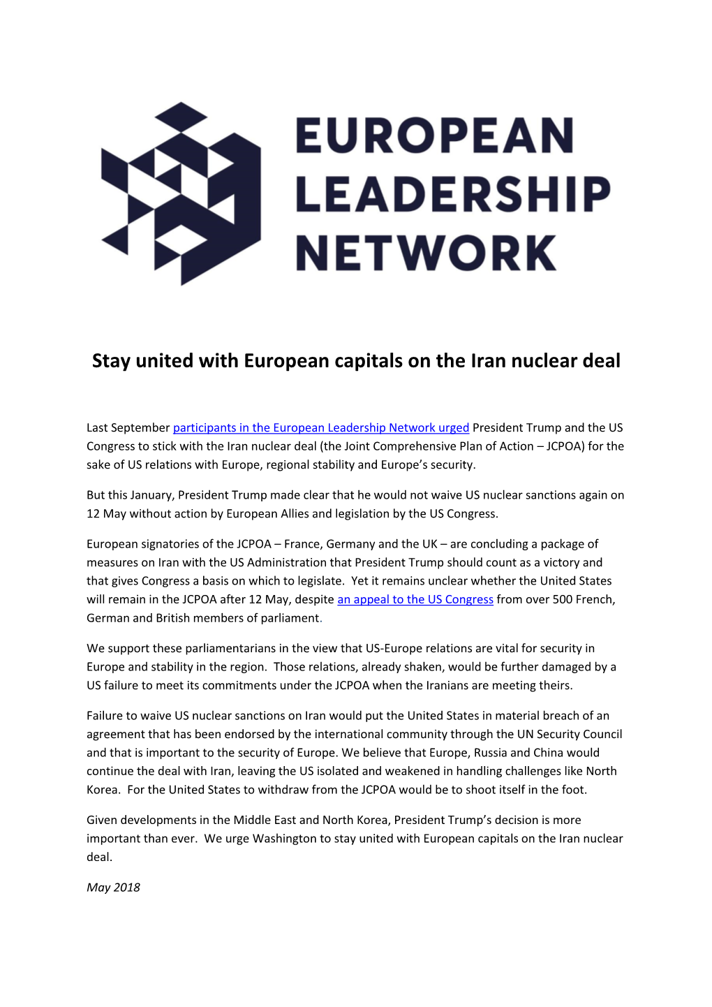 Stay United with European Capitals on the Iran Nuclear Deal