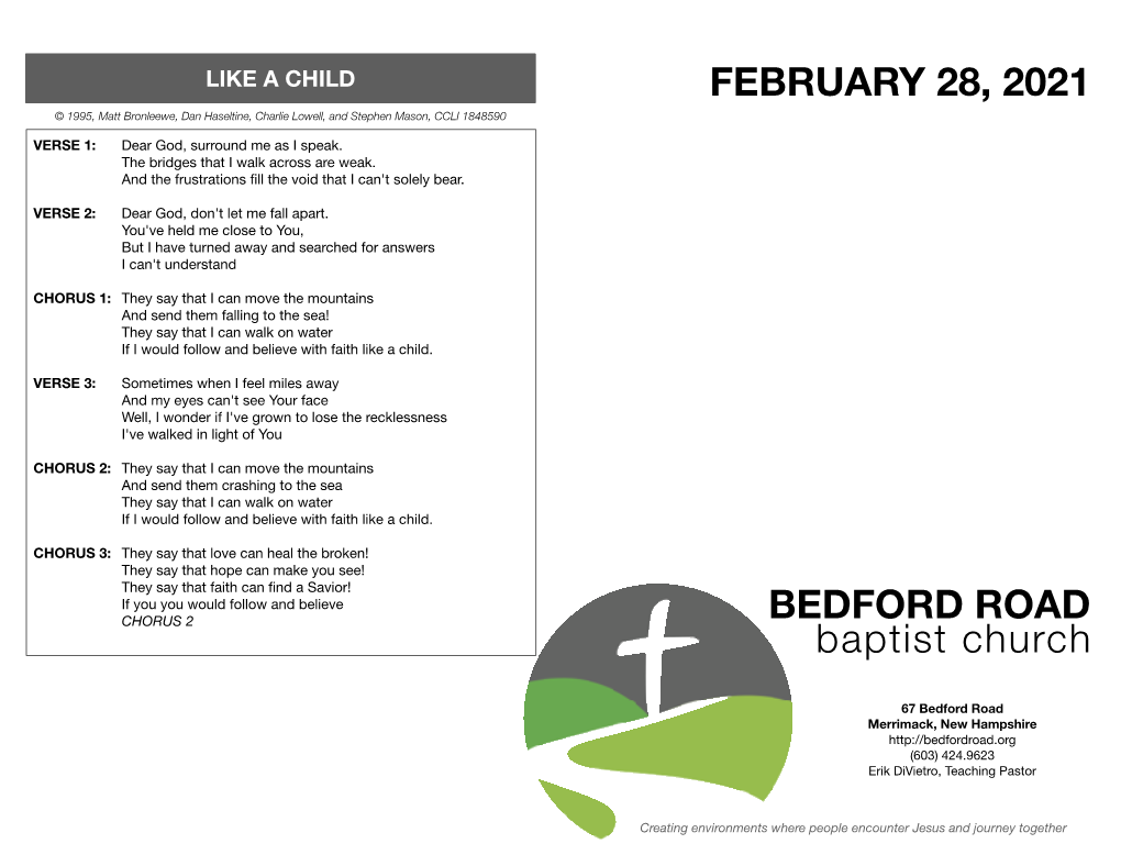 BEDFORD ROAD Baptist Church FEBRUARY 28, 2021