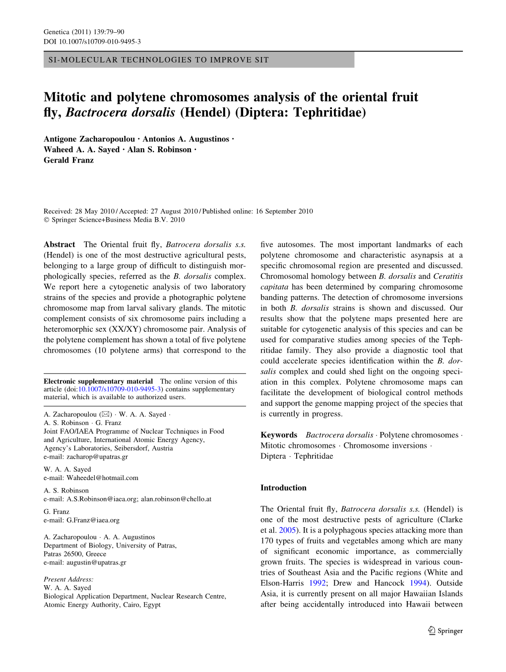 Mitotic and Polytene Chromosomes Analysis of the Oriental Fruit Fly