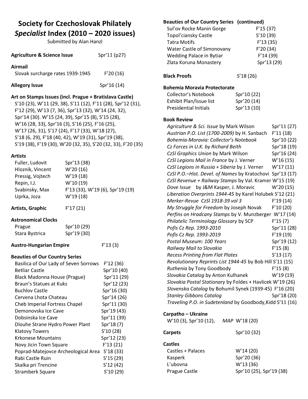 Society for Czechoslovak Philately Specialist Index (2010 – 2020 Issues)