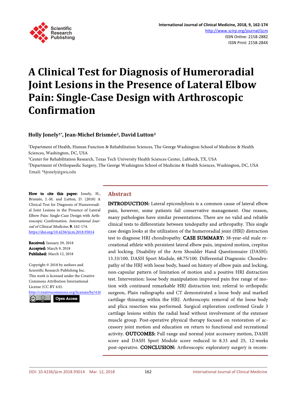 A Clinical Test for Diagnosis of Humeroradial Joint Lesions in the Presence of Lateral Elbow Pain: Single-Case Design with Arthroscopic Confirmation