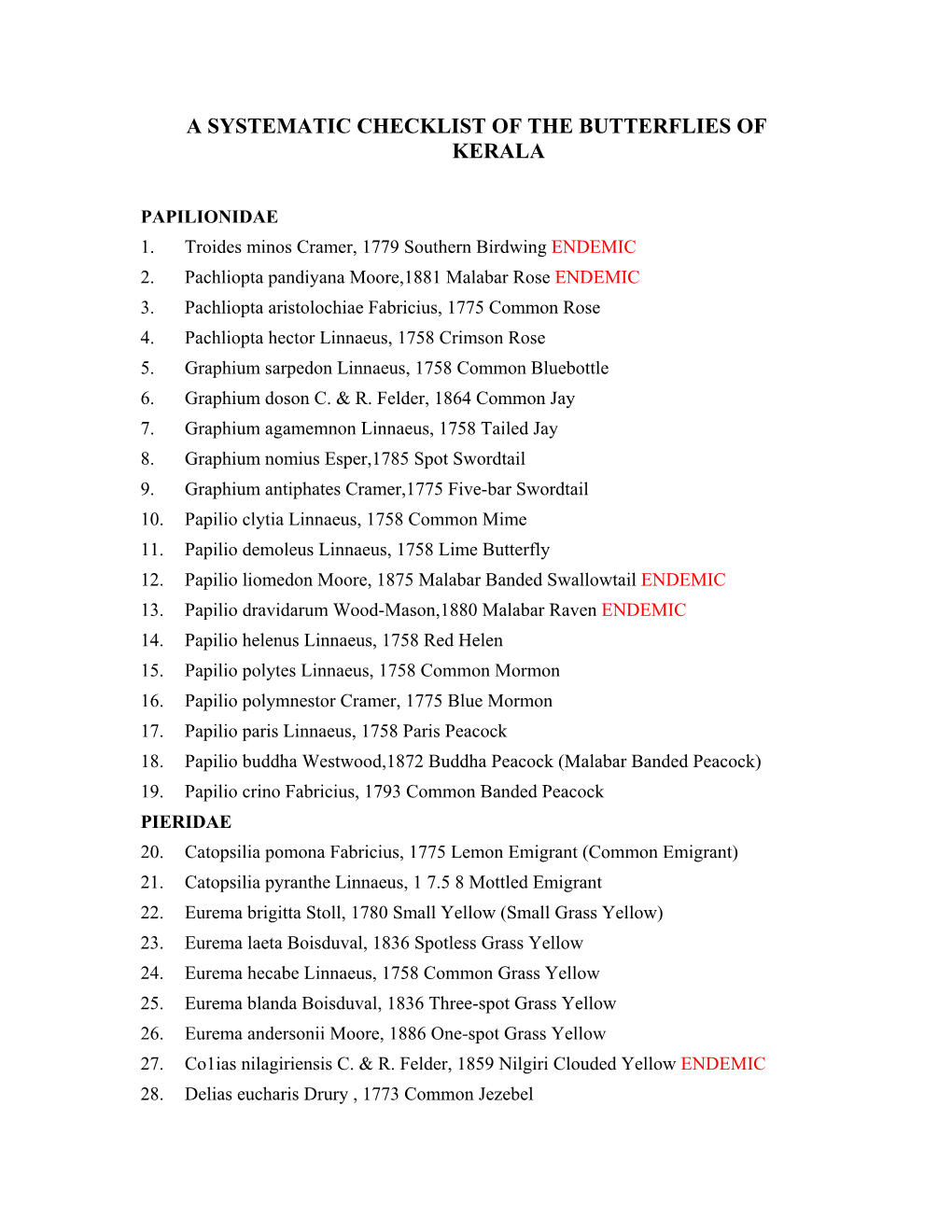 A Systematic Checklist of the Butterflies of Kerala