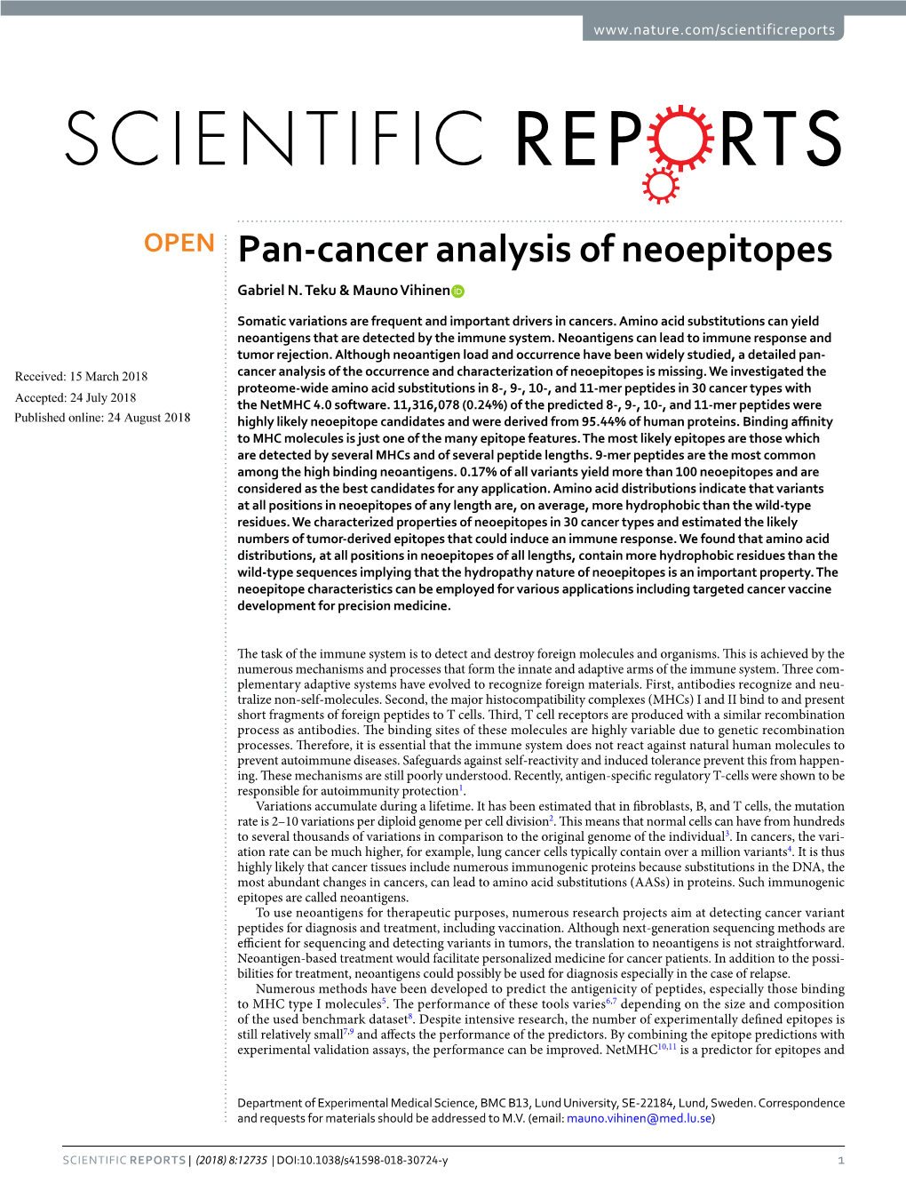 Pan-Cancer Analysis of Neoepitopes Gabriel N