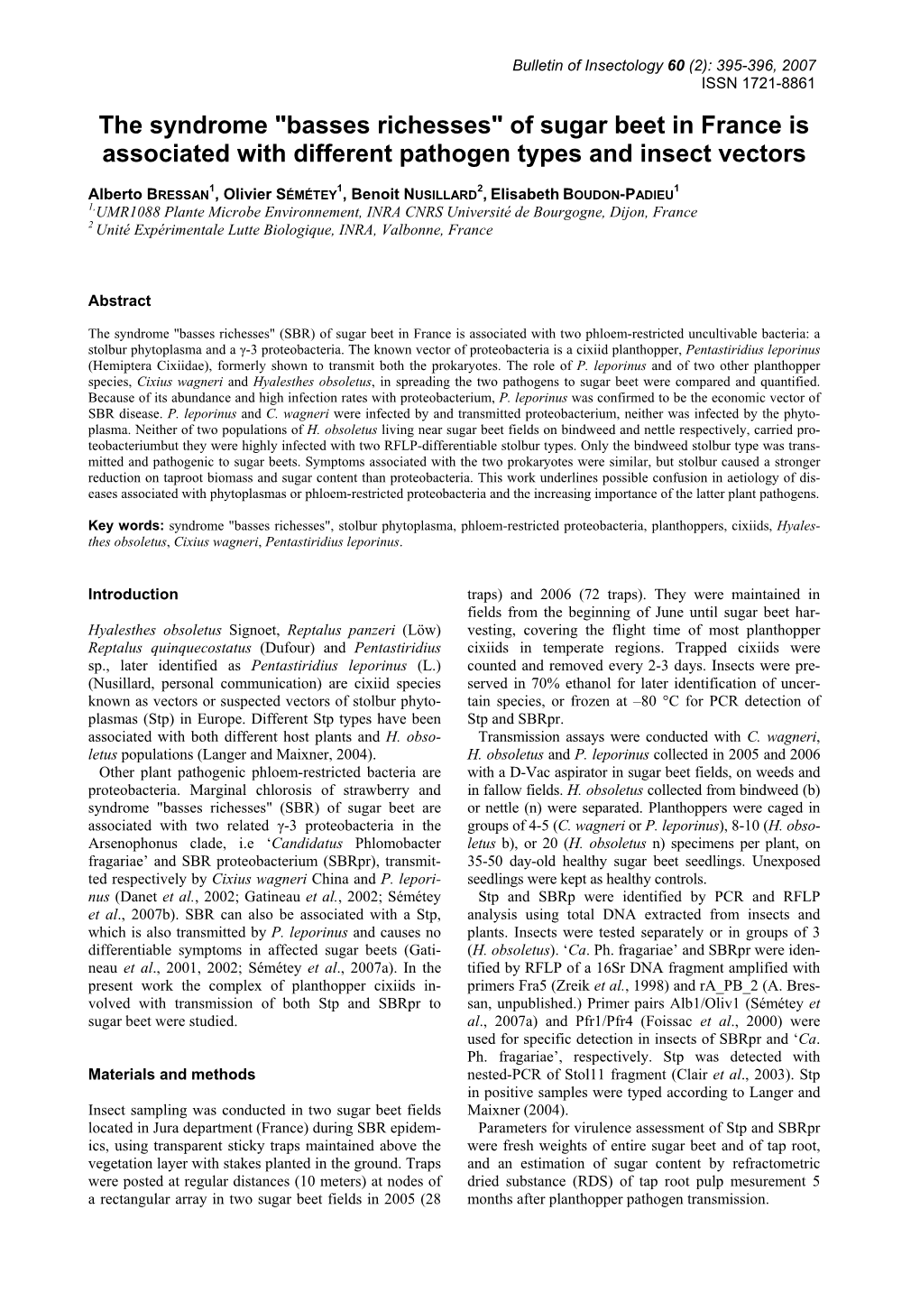 "Basses Richesses" of Sugar Beet in France Is Associated with Different Pathogen Types and Insect Vectors