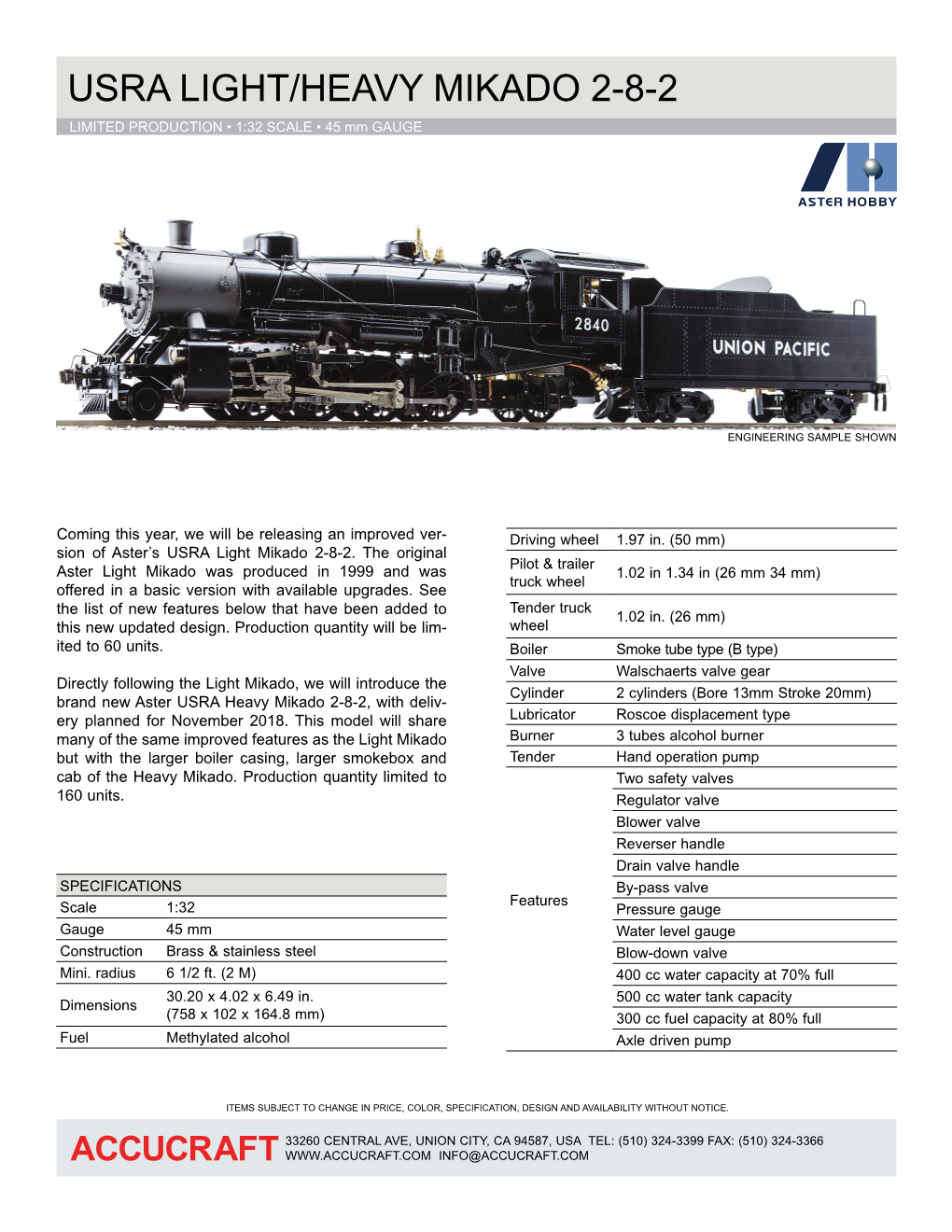 USRA LIGHT/HEAVY MIKADO 2-8-2 LIMITED PRODUCTION • 1:32 SCALE • 45 Mm GAUGE