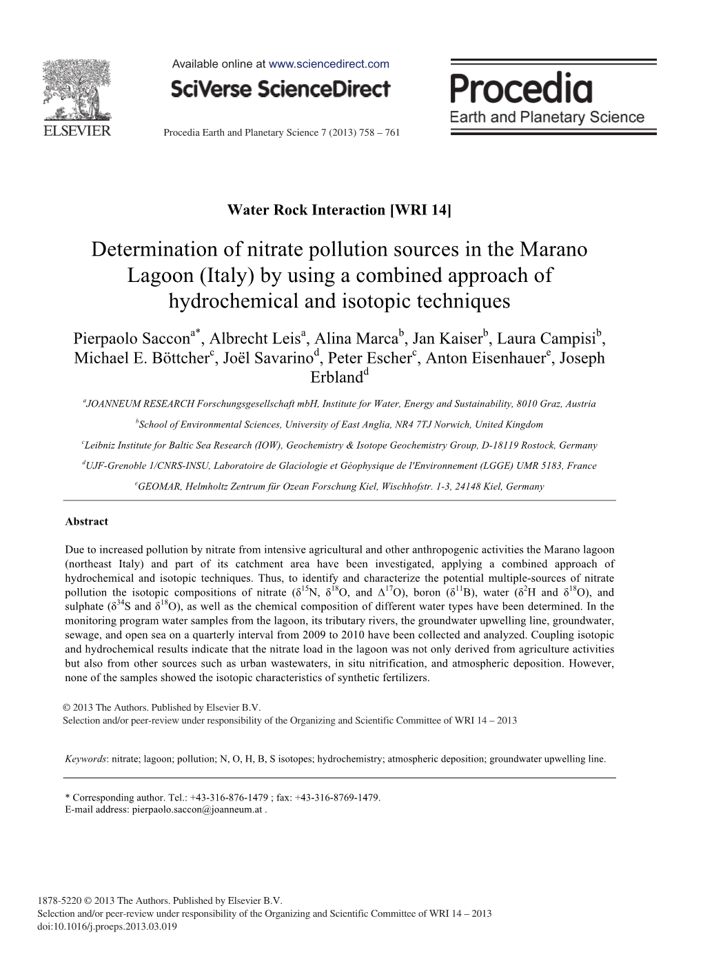 Determination of Nitrate Pollution Sources in the Marano Lagoon (Italy) by Using a Combined Approach of Hydrochemical and Isotopic Techniques