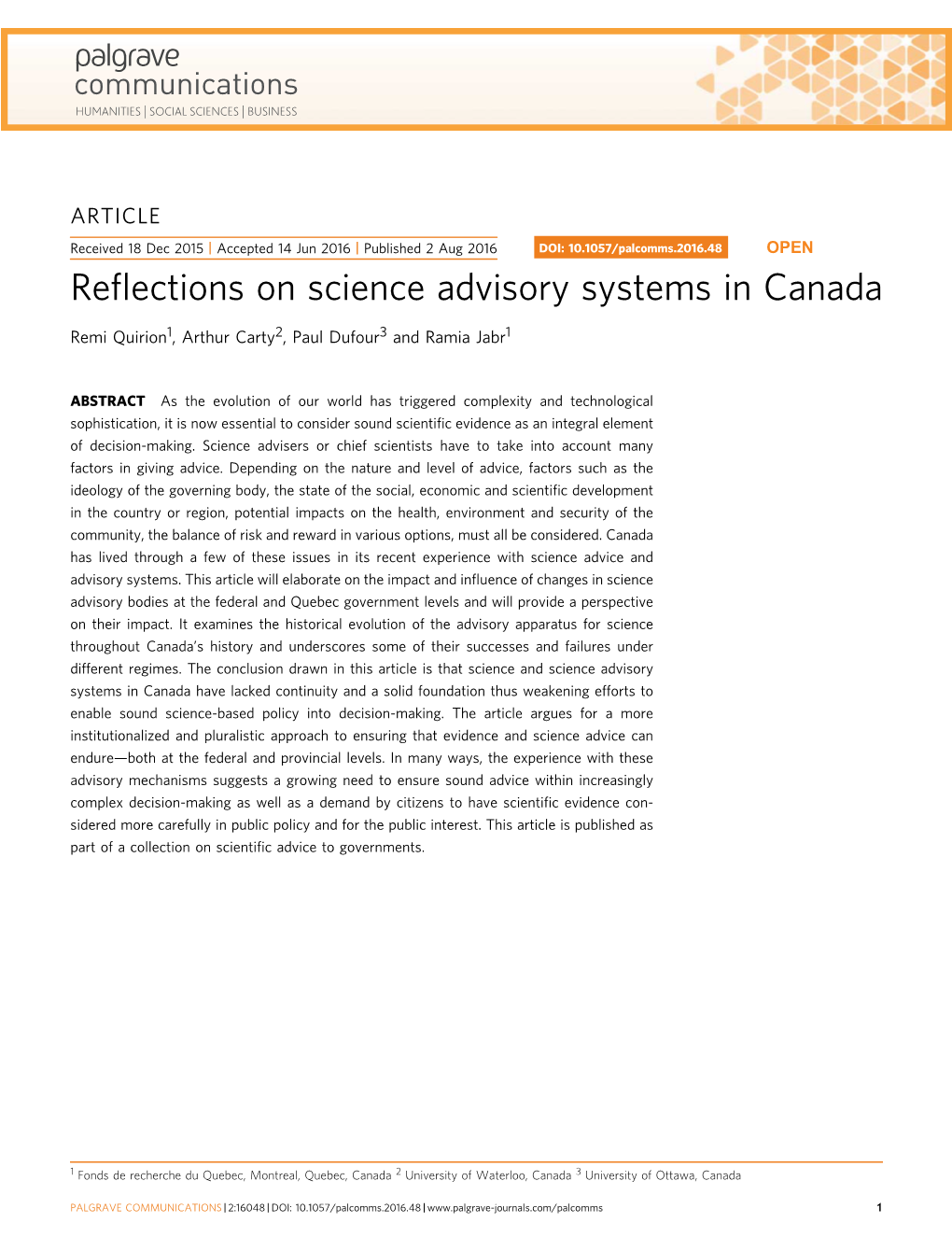 Reflections on Science Advisory Systems in Canada