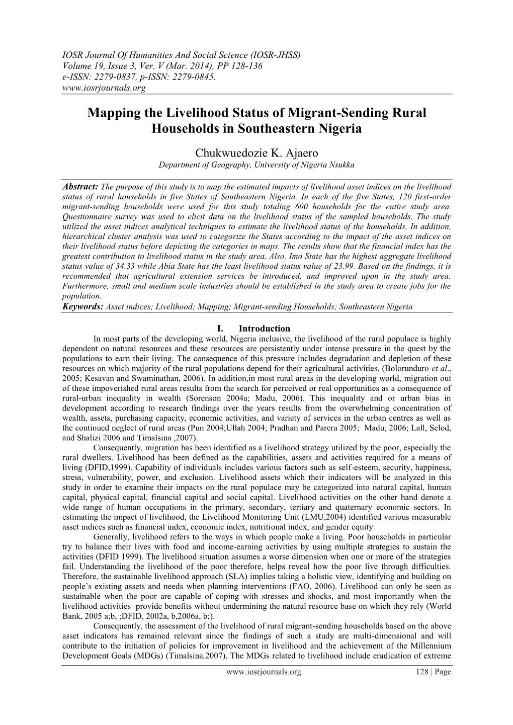 Mapping the Livelihood Status of Migrant-Sending Rural Households in Southeastern Nigeria