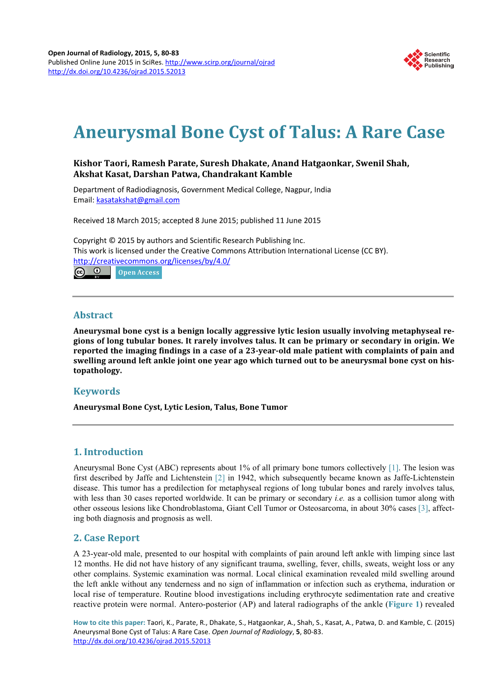 Aneurysmal Bone Cyst of Talus: a Rare Case