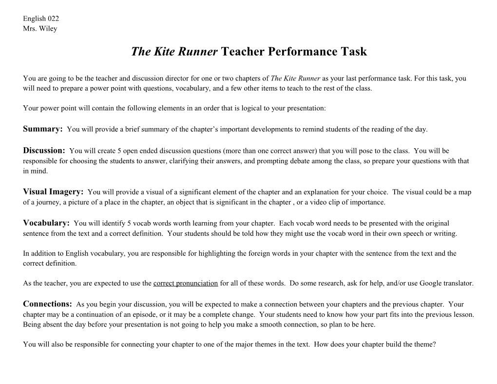 The Kite Runner Teacher Performance Task