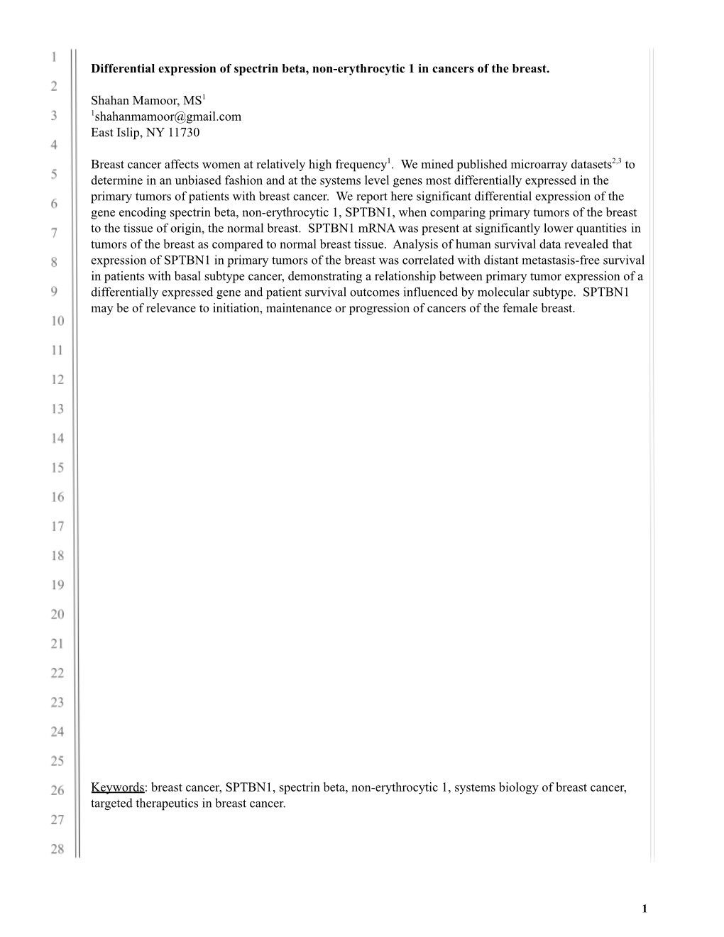 Differential Expression of SPTBN1 in Cancers of the Breast