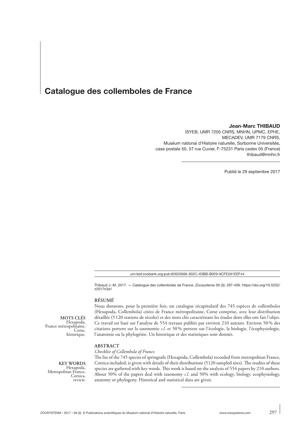 Catalogue Des Collemboles De France