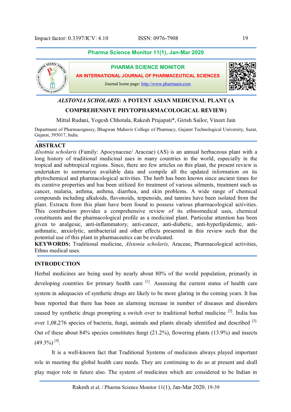 Impact Factor: 0.3397/ICV: 4.10 ISSN: 0976-7908 19 ALSTONIA