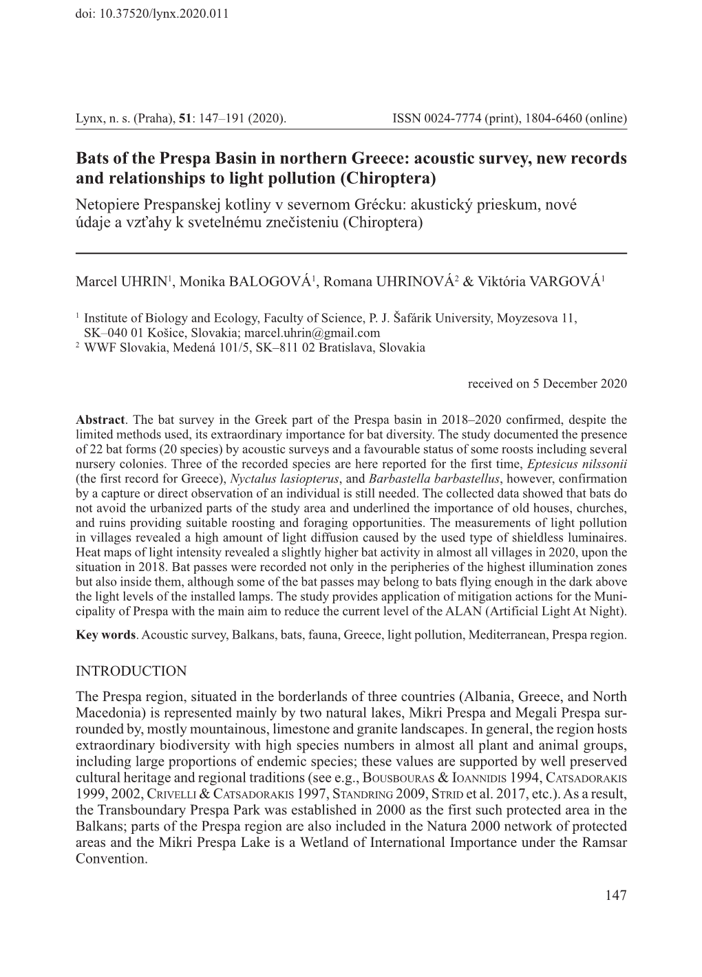 Bats of the Prespa Basin in Northern Greece: Acoustic Survey, New