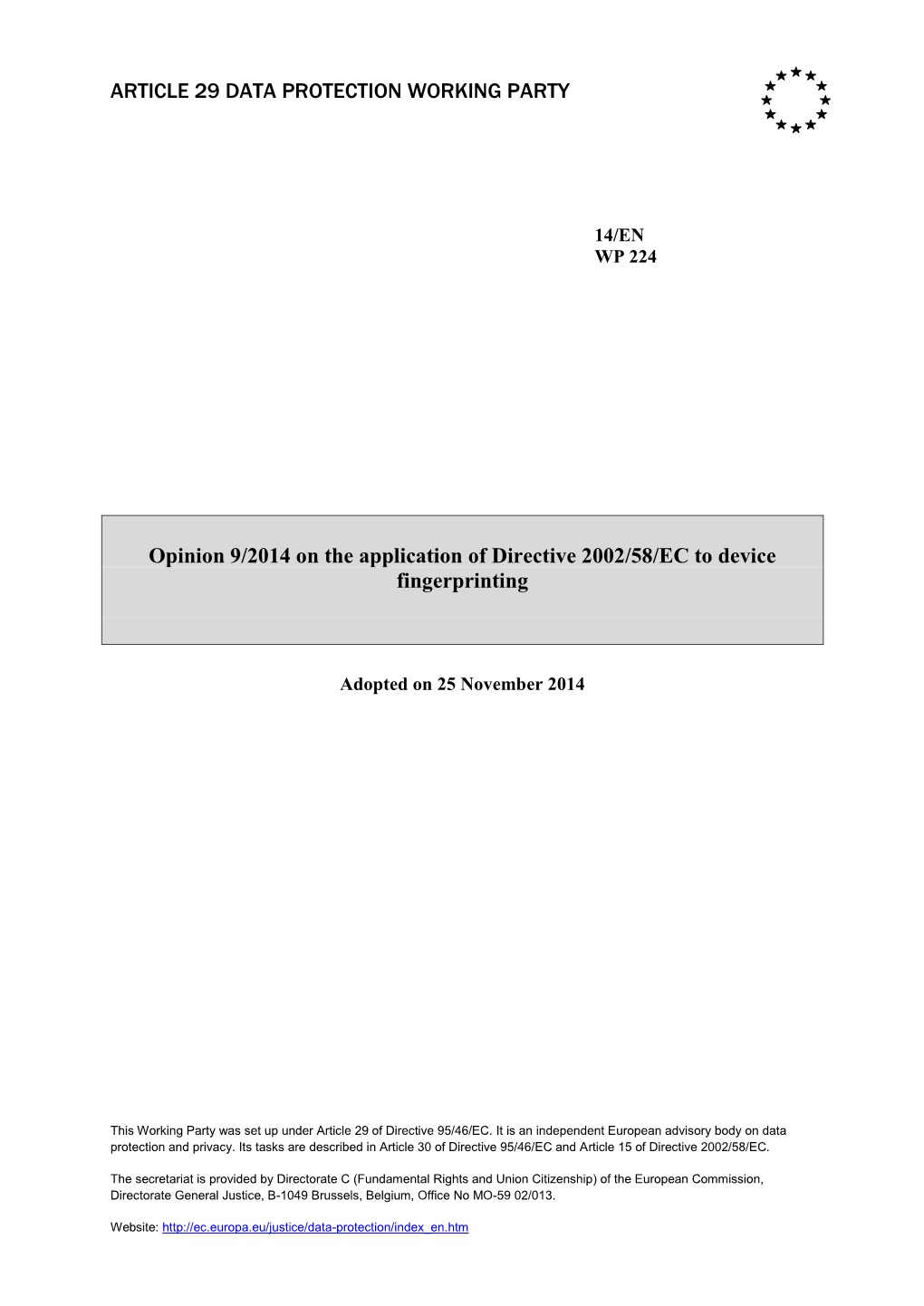 Opinion 9/2014 on the Application of Directive 2002/58/EC to Device Fingerprinting