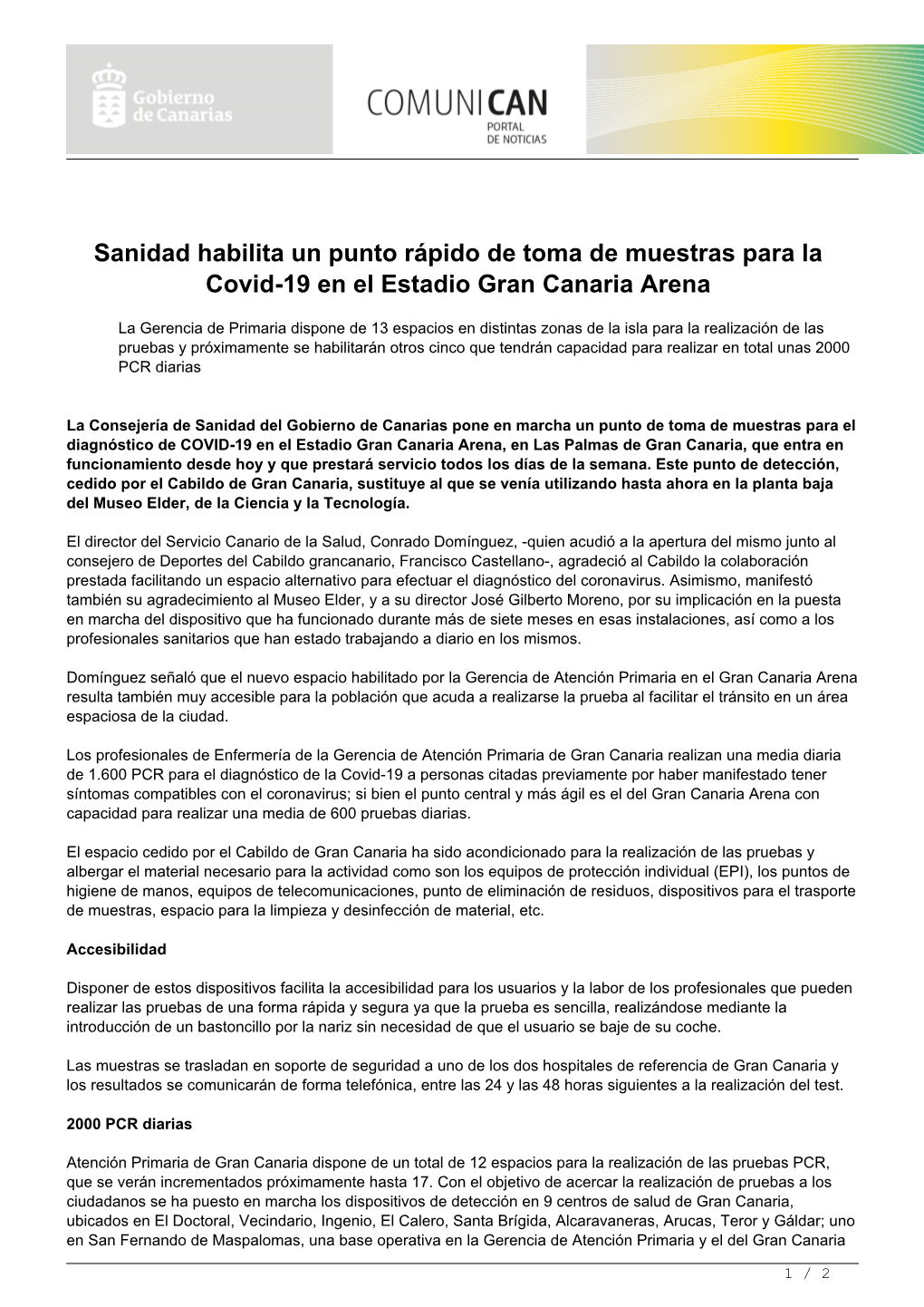 Sanidad Habilita Un Punto Rápido De Toma De Muestras Para La Covid-19 En El Estadio Gran Canaria Arena