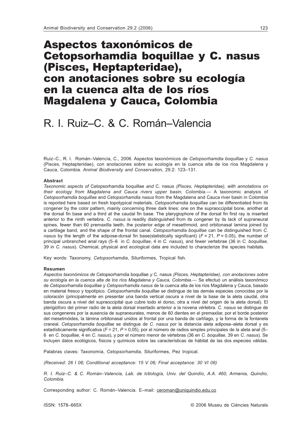 Aspectos Taxonómicos De Cetopsorhamdia Boquillae Y C. Nasus