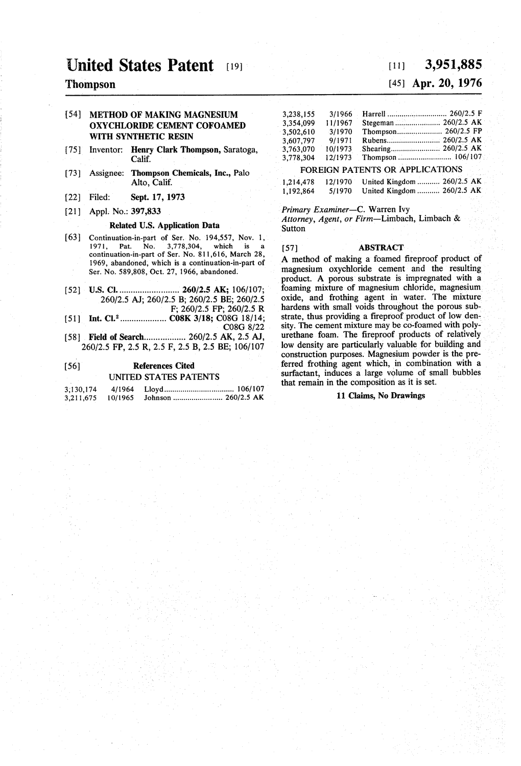 United States Patent (19) [11] 3,951,885 Thompson (45) Apr