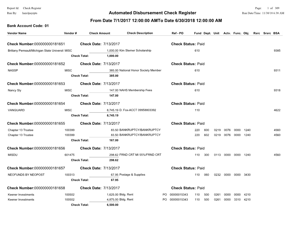 Automated Disbursement Check Register from Date 7/1/2017 12:00