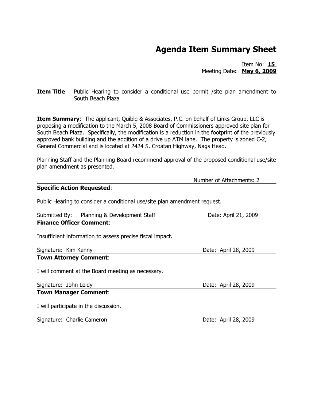 Agenda Item Summary Sheet