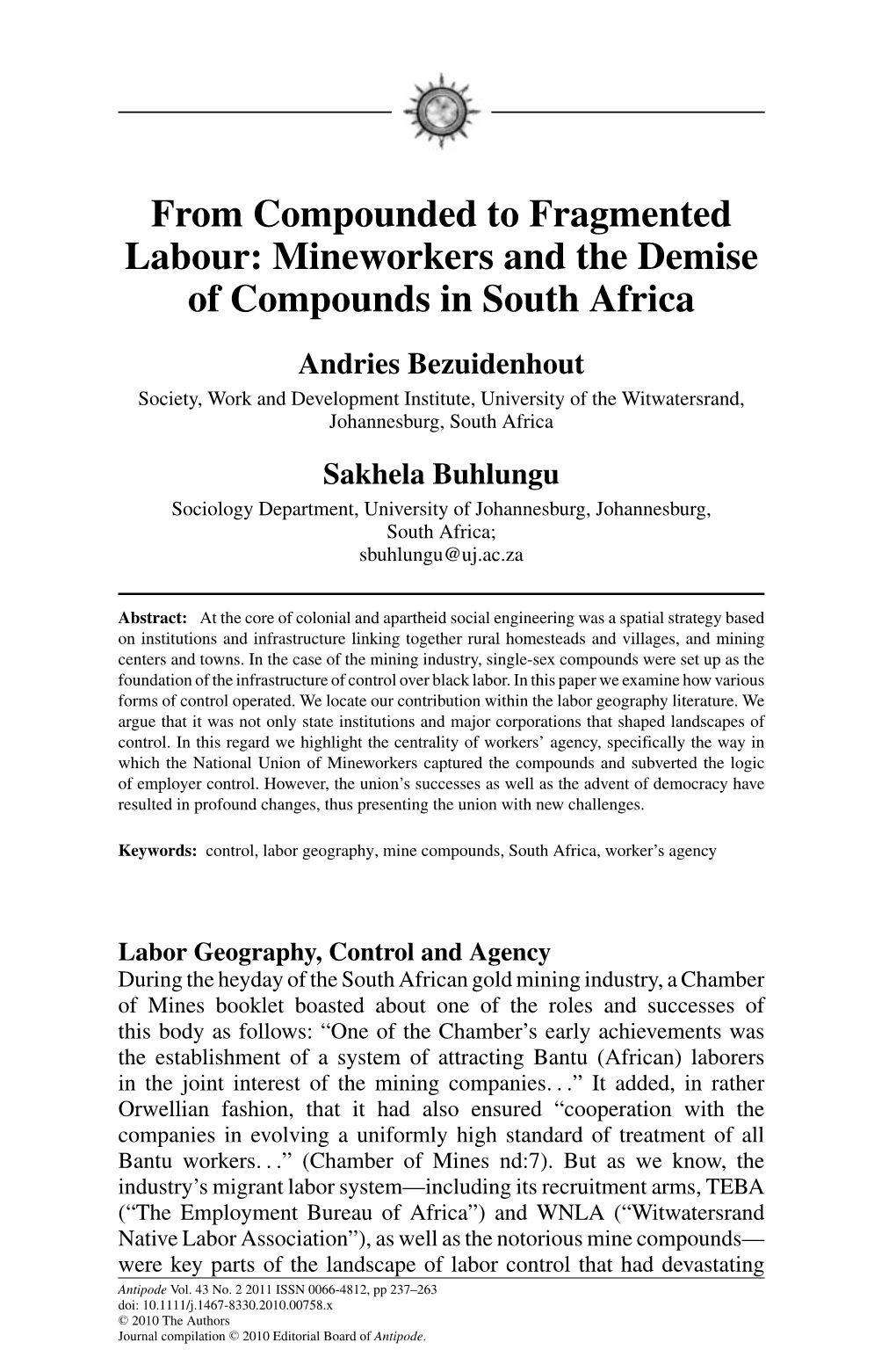 Mineworkers and the Demise of Compounds in South Africa